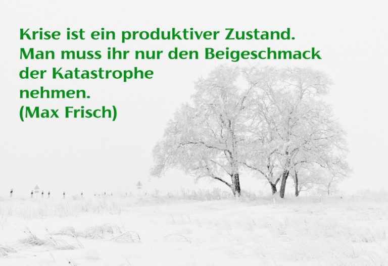 Eine Krise ist ein produktiver Zustand. Man muss ihr nur den Beigeschmack der Katastrophe nehmen. (Max Frisch)